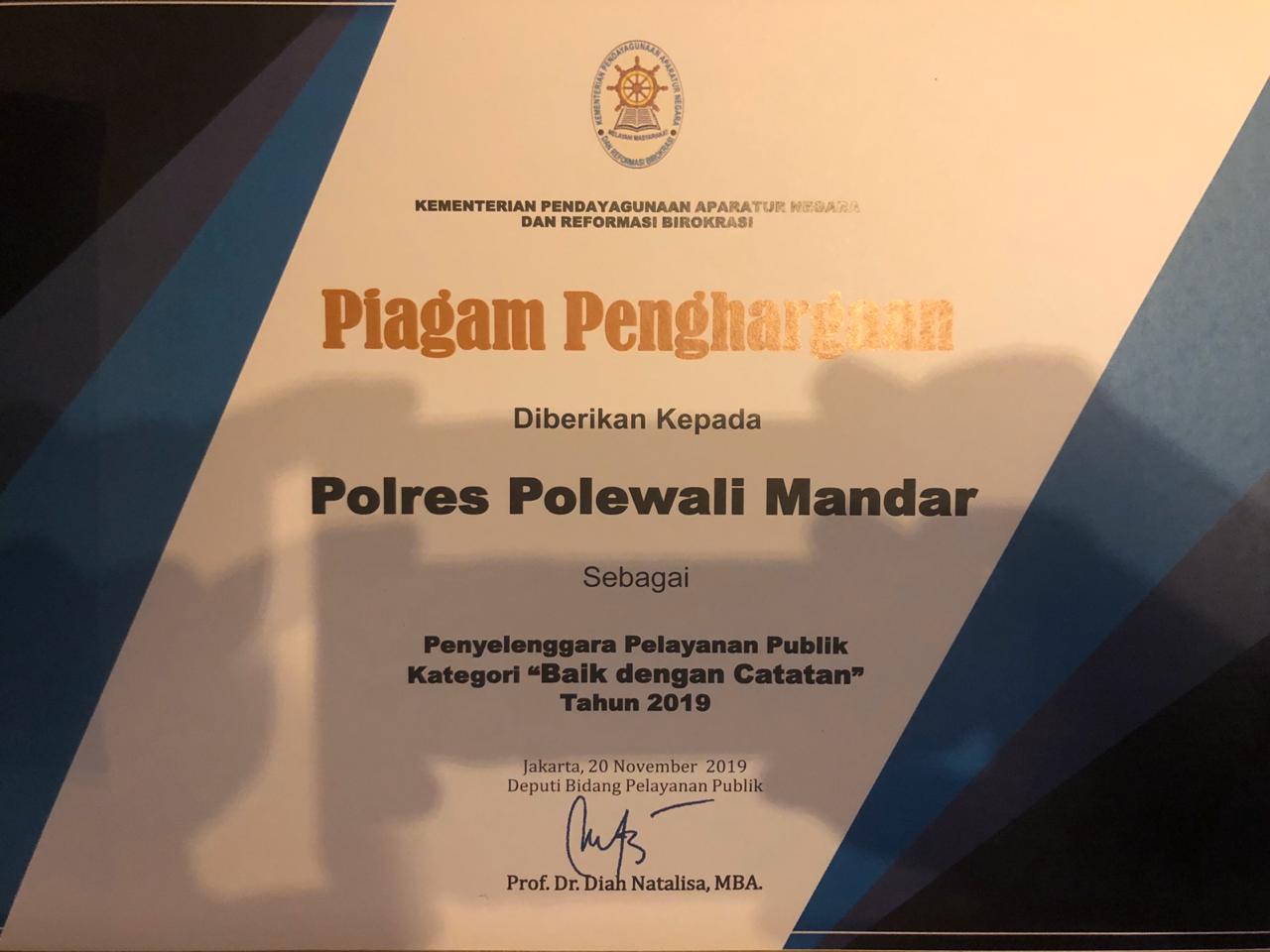 Polres Polman Raih Penghargaan Pelayanan Publik Kategori Baik dari Kemenpan RB